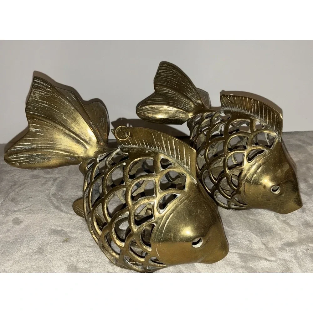 Vintage Rosenthal-Netter Brass Open Scale Hanging Koi Fish Lantern Set (2)‎